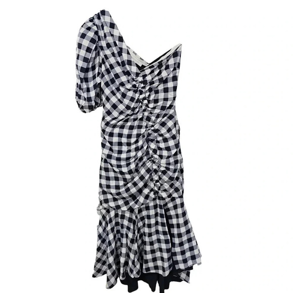 Jonathan Simkhai Lux Twill One-Shoulder Gingham Dress Navy Size 8 - Picture 6 of 10